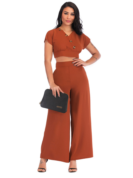 Milanoo Two Piece Sets Coffee Brown Polyester V-Neck Casual Flared Pants Short Sleeves Blouse Summer