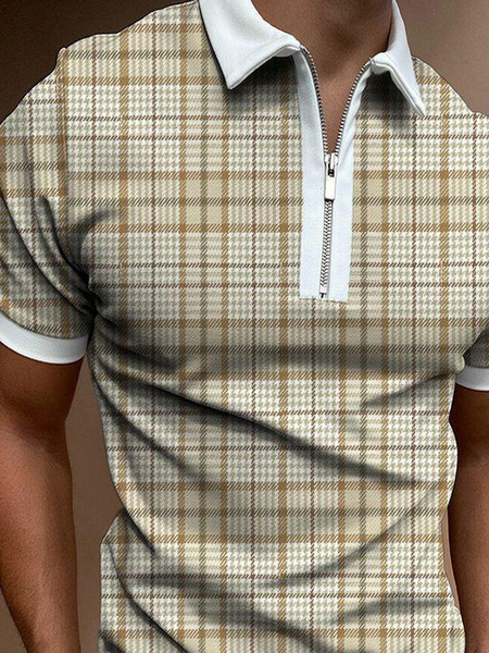 Milanoo Mens Polo Shirt Plaid Turndown Collar Short Sleeves Regular Fit Light Brown Handsome Polo Sh