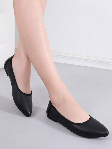 Milanoo Ballet Flats Black PU Leather Pointed Toe Slip-On Ballerina Flats