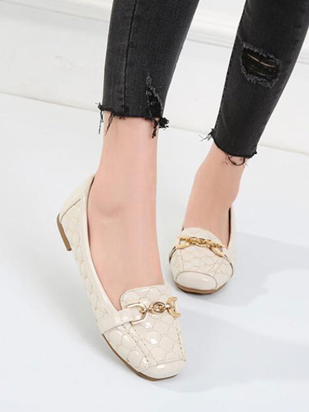 Milanoo Women Flat Shoes Apricot Square Toe Slip-On Metal Details Ballerina Flats