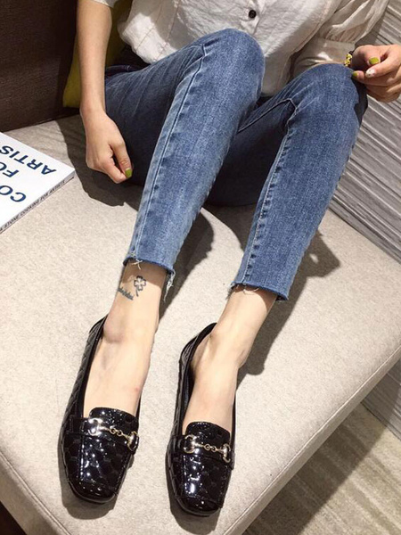 Milanoo Women Flat Shoes Black Square Toe Slip-On Metal Details PU Leather Ballerina Flats
