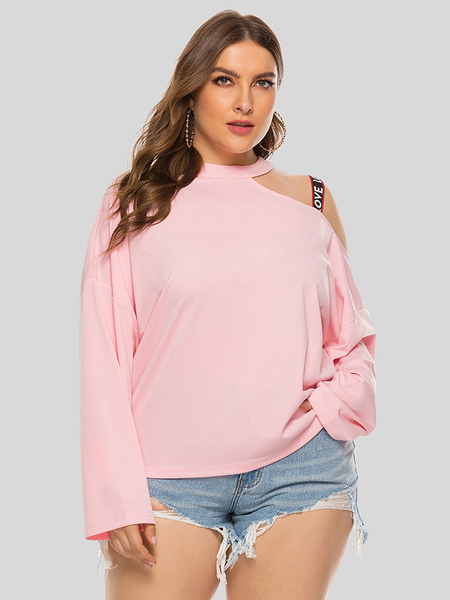 Milanoo Plus Size T-Shirt For Women Pink Jewel Neck Long Sleeves T-Shirt Sleeves Oversized Casual Bl