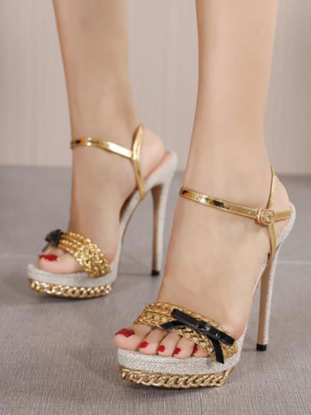 Milanoo Heel Sandals Blond Stiletto Heel Square Toe PU Leather Summer Sandals