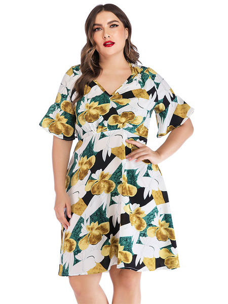 Milanoo Plus Size Dress For Women Green V-Neck Short Sleeves Flared Sleeves Floral Print Polyester K