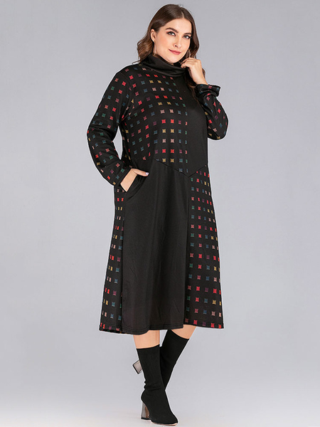 Milanoo Plus Size Dress For Women Turtleneck Long Sleeves T-Shirt Sleeves Plaid Pattern Long Dress