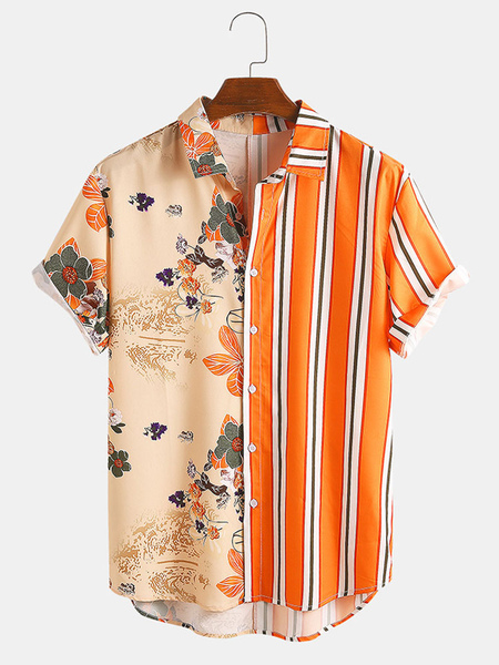 Milanoo Casual Shirt For Man Turndown Collar Casual Printed Orange Men's Shirts