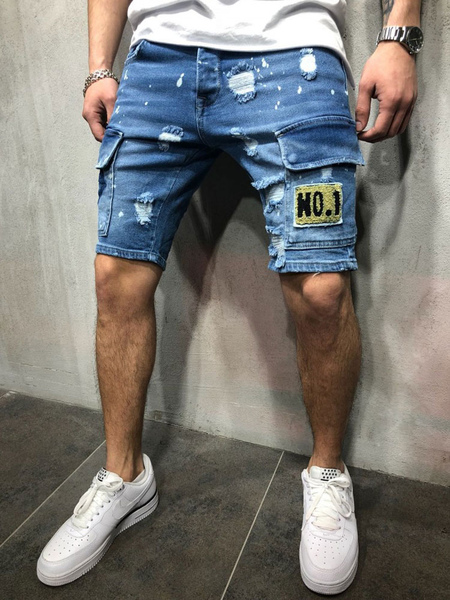 Milanoo Men\\'s Shorts Distressed Spring Street Wear Light Sky Blue Beach Bottoms