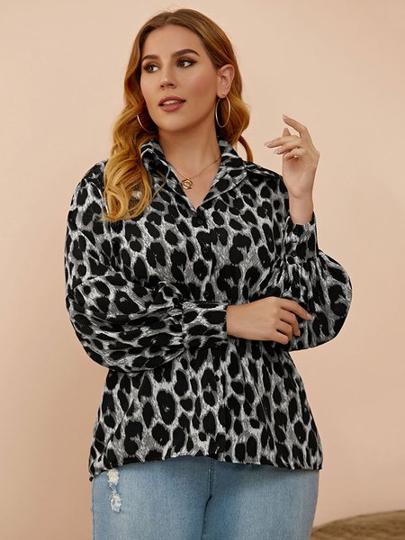 Milanoo Plus Size Blouse For Women Turndown Collar Long Sleeves Leopard Print Buttons Oversized Poly