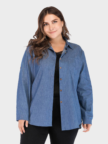 Milanoo Plus Size Blouse For Women Deep Blue Turndown Collar Long Sleeves Buttons Oversized Casual S