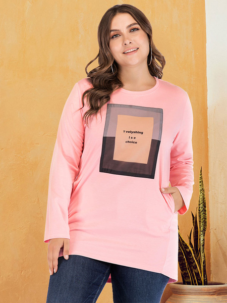 Milanoo Plus Size T-Shirt For Women Pink Jewel Neck Long Sleeves Printed Oversized Casual T-Shirt