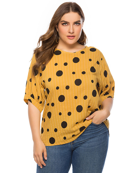 Milanoo Plus Size T-Shirt For Women Yellow Sweetheart Neck Half Sleeves Polka Dot Oversized Casual T
