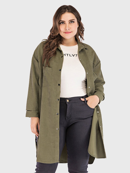 Milanoo Plus Size Overcoat For Women Hunter Green Turndown Collar Long Sleeves Rib Knit Cuff Buttons