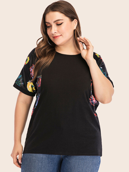 Milanoo Plus Size T-Shirt For Women Black Jewel Neck Short Sleeves Floral Print Oversized Casual T-S