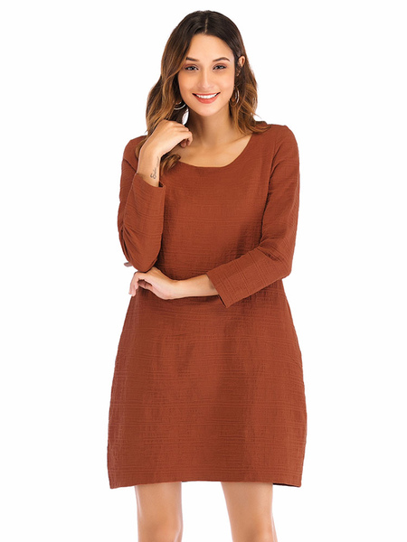 Milanoo Plus Size Dress For Women Coffee Brown Jewel Neck Long T-Shirt Sleeves Oversized Long One Pi