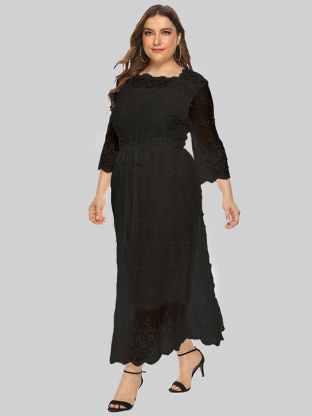 Milanoo Plus Size Dress For Women Black Square Neck Half Illusion Sleeves Polyester Oversized Long O