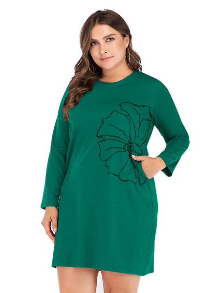 Milanoo Plus Size Dress For Women Green Jewel Neck Long T-Shirt Sleeves Printed Polyester Oversized