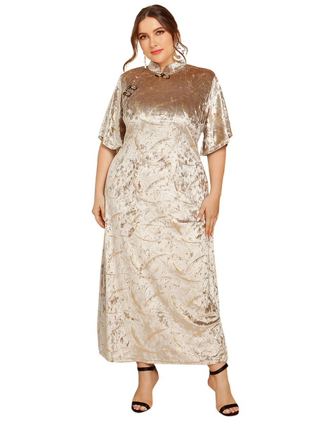 Milanoo Plus Size Maxi Dress High Collar Short Sleeves Oversized Polyester Casual Chinese Cheongsam