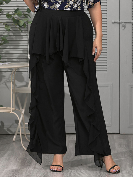 Milanoo Plus Size Trousers For Women Black Oversized Polyester Casual Flared Pants