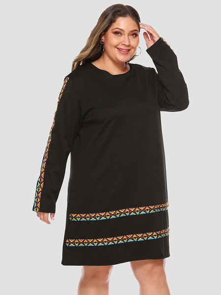 Milanoo Plus Size Dress For Women Black Jewel Neck Long T-Shirt Sleeves Printed Oversized Knee Lengt