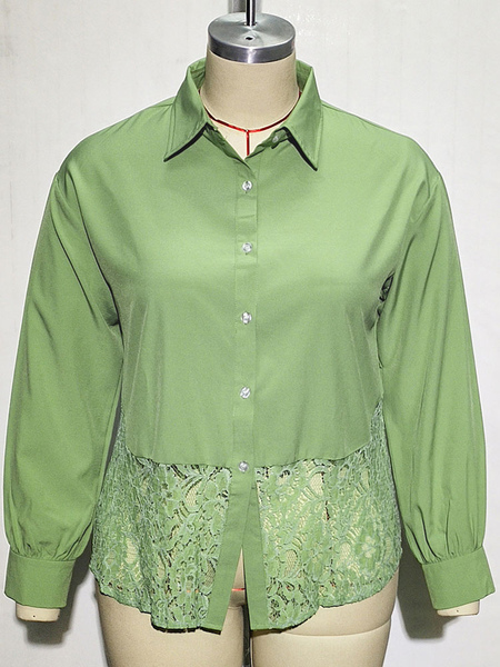 Milanoo Plus Size Green Blouse For Women Turndown Collar Long Sleeves Lace Polyester Casual Shirt