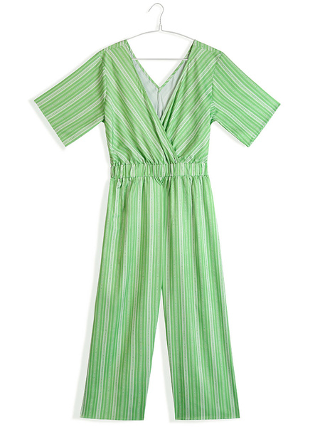 Milanoo Plus Size Jumpsuit For Women Grass Green V-Neck Short Sleeves Stripes Pattern Polyester Casu