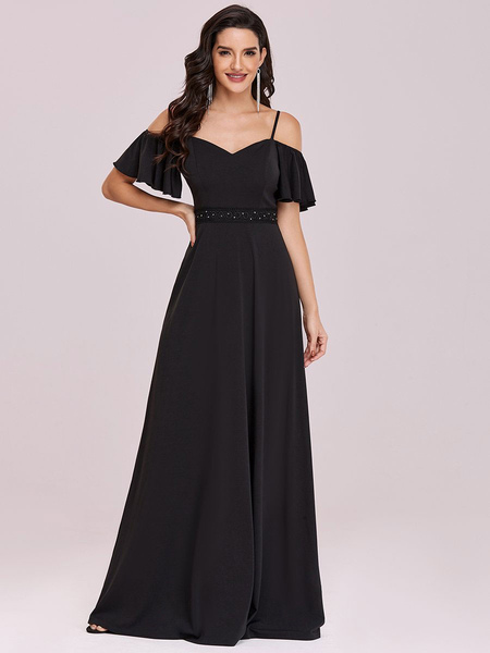 Milanoo Black Prom Dress A-Line V-Neck Polyester Sleeveless Ruffles Zipper Backless Maxi Pageant Dre
