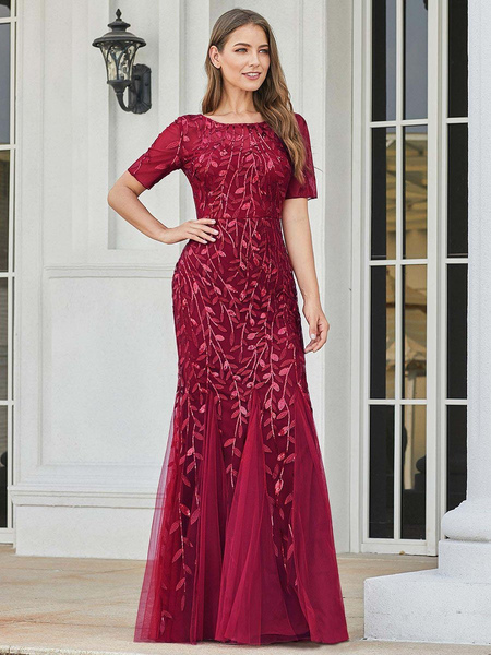 Milanoo Burgundy Prom Dress Mermaid Jewel Neck Short Sleeves Lace Floor-Length Wedding Guest Dresses