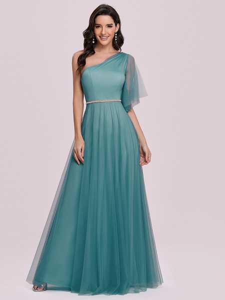 Milanoo Prom Dress Cyan Blue Polyester One-Shoulder A-Line Sleeveless Backless Maxi Party Dresses