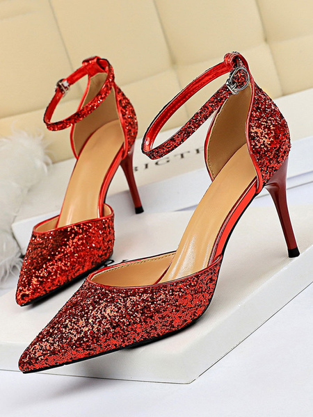 Heel Sandals Red Stiletto Heel Pointed Toe Sequined Cloth Ankle Strap Heels