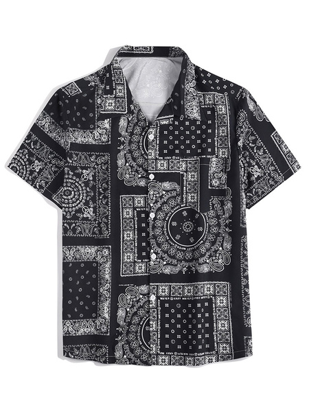 Milanoo Men Black Shirt Plaid Pattern Turndown Collar Short Sleeves Polyester Summer Blouse