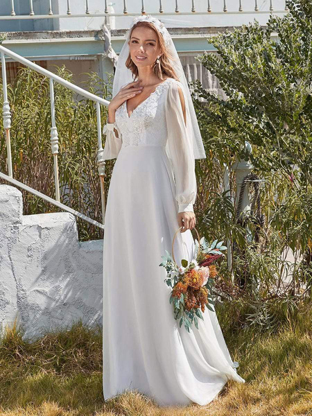 Milanoo White Simple Wedding Dress A-Line V-Neck Long Sleeves Natural Waist Chiffon Long Bridal Dres