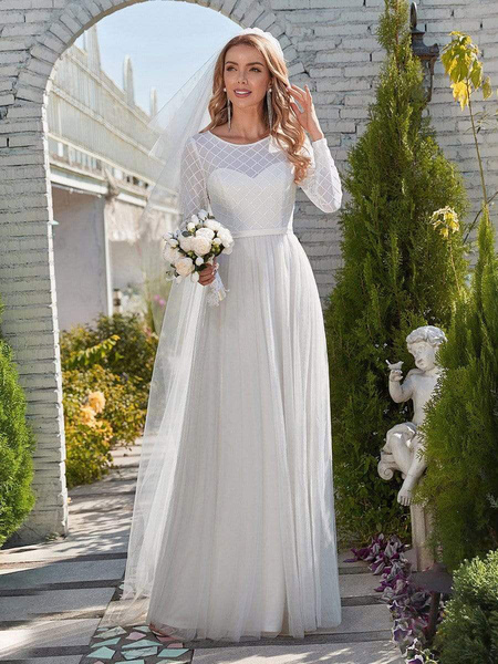 Milanoo Weißes einfaches Brautkleid Juwelenhals lange Ärmel natürliche Taille A-Linie Tüll lange Bra