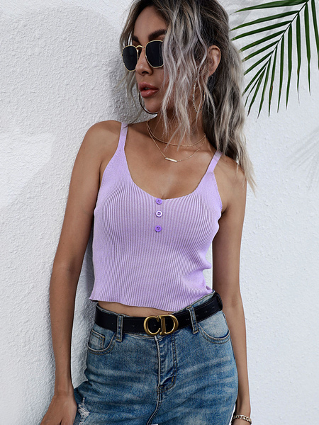 Milanoo Cami Top For Women Sleeveless Lilac Asymmetrical Piping Buttons U-Neck Polyester T Shirt