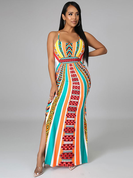 Milanoo Maxi Dresses Orange Stripes Pattern Jewel Neck Sleeveless Cut Out Backless Polyester Long Dr