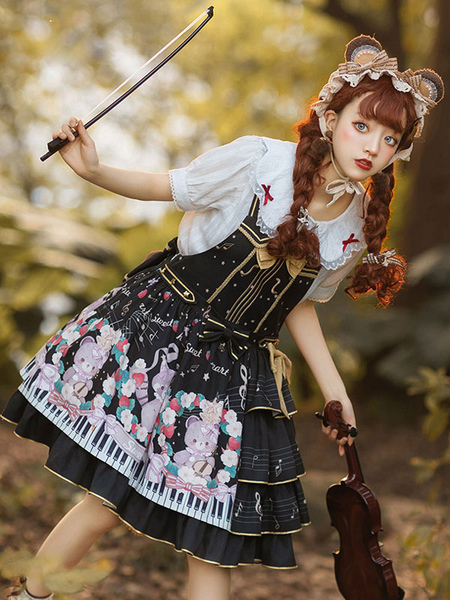 Milanoo Gothic Lolita JSK Dress Sleeveless Bows Ruffles Animal Pattern Bow Casual Lolita Jumper Skir