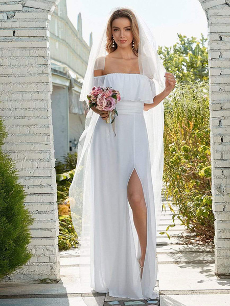 Milanoo White Simple Wedding Dress Chiffon Bateau Neck Sleeveless Split Front A-Line Long Bridal Gow