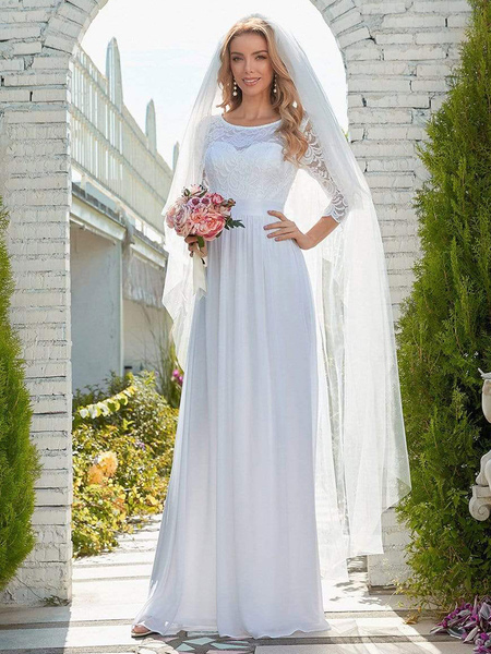 Milanoo Weißes einfaches Hochzeitskleid Spitze Juwel Juwel Hals Spitze Chiffon halbe Ärmel natürlich
