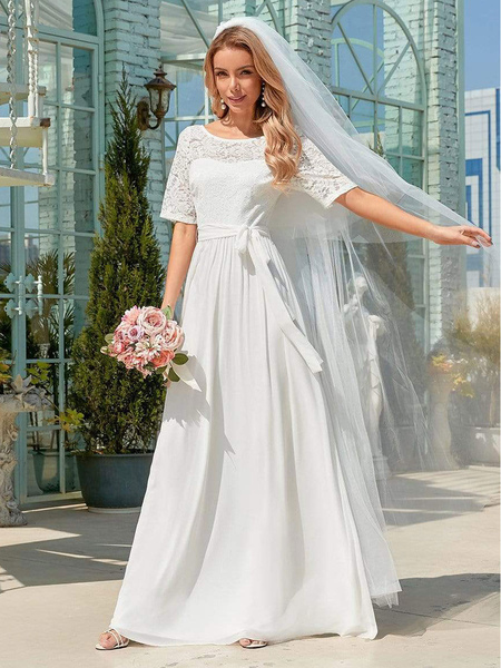 Milanoo White Simple Wedding Dress Chiffon Jewel Neck Short Sleeves Sash A-Line Long Bridal Gowns