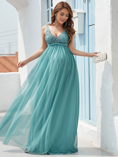 Milanoo Evening Dress Cyan Blue A-Line V-Neck Sleeveless Tulle Floor-Length Lace Formal Party Dresse