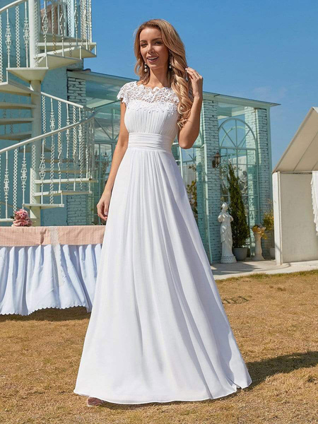 Milanoo White Simple Wedding Dress Lace Jewel Neck Short Sleeves Backless Natural Waist Pleated Chif