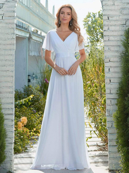 Milanoo Simple Wedding Dress Chiffon V-Neck Short Sleeves Backless A-Line Long Bridal Gowns