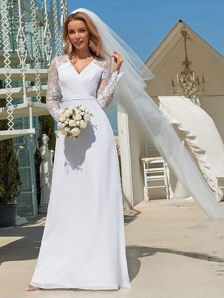 Milanoo Weißes einfaches Hochzeitskleid Spitze V-Ausschnitt Langarm Spitze Chiffon Plissee A-Linie L