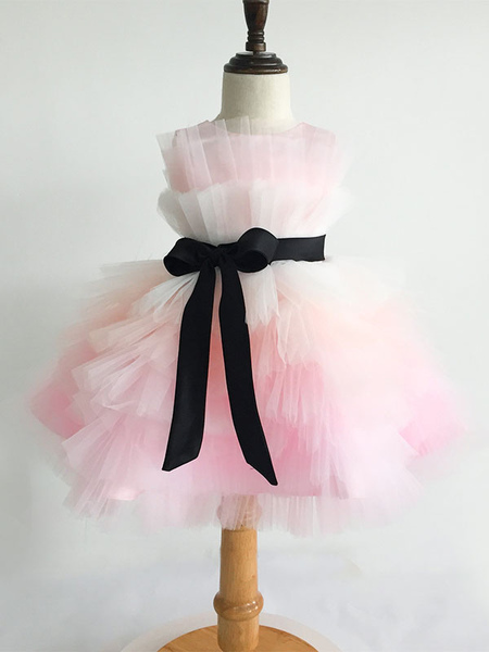 Milanoo Pink Flower Girl Dresses Satin Fabric Sleeveless Short Princess Silhouette Kids Party Dresse