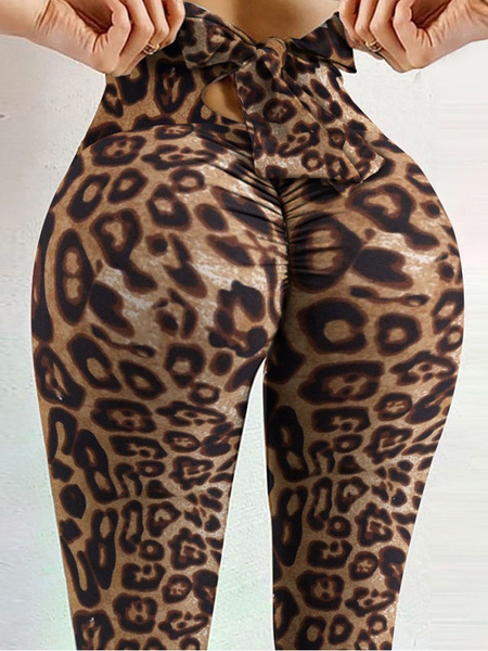 Milanoo Women Leggings Comfy Polyester Lace Up Leopard Print Yoga Pants