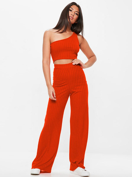 Milanoo Two Piece Sets Oragnge Red Polyester Long Wide Pants One-Shoulder Casual Top Outfit For Wome
