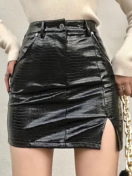 Milanoo Women Skirt Black Zipper PU Leather Short Raised Waist Stretch Flared Bottoms