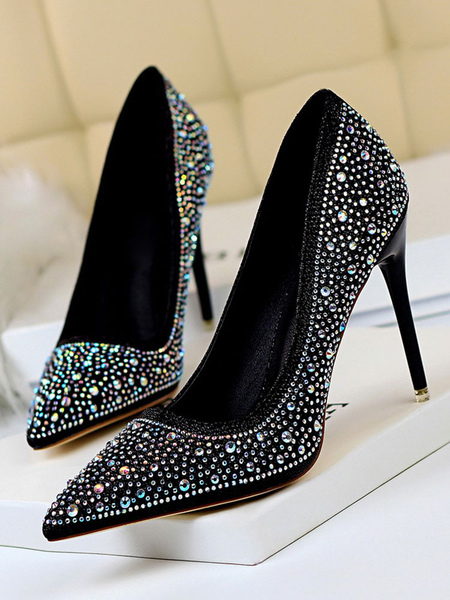 Milanoo High Heel Party Shoes Black Pointed Toe Sequined Cloth Evening Shoes Stiletto Heels