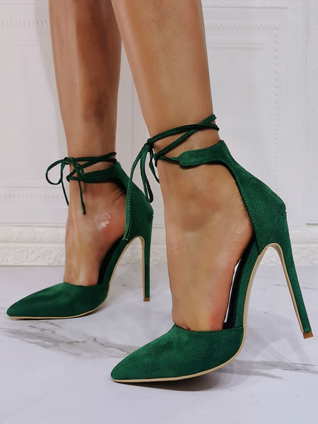 Milanoo Women Pumps Pointed Toe Stiletto Heel Chic Green Ankle Strap Heels