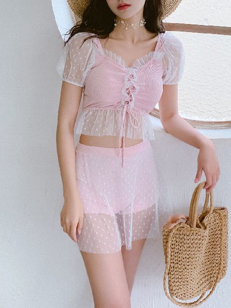 

Milanoo Sweet Lolita Swimming Outfits Pink Lace Ruffles Short Sleeves Pants Top 2-Piece Set, Light sky blue;pink