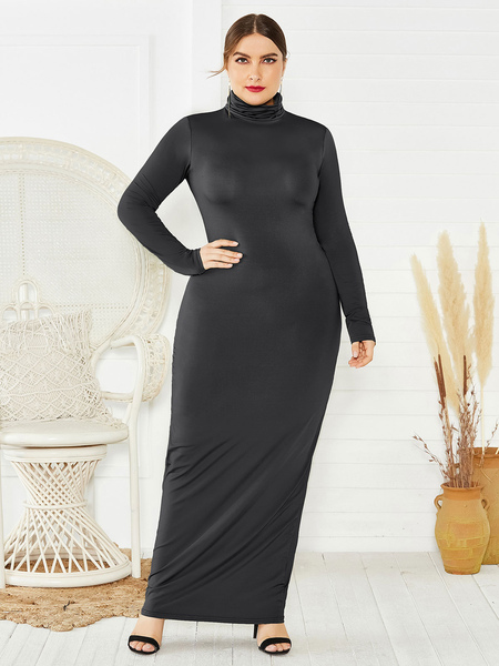 Milanoo Plus Size Dress For Women Black High Collar Long Sleeves Polyester Piping Long One Piece Dre